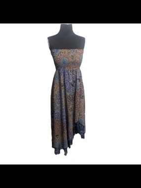 Y2K Sunny Leigh Multi Print Asymmetrical Strapless Dress XL fairy grunge boho